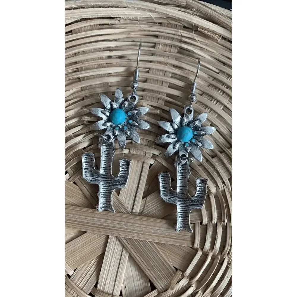 FLOWER CACTUS SILVER TURQUOISE DANGLE EARRINGS